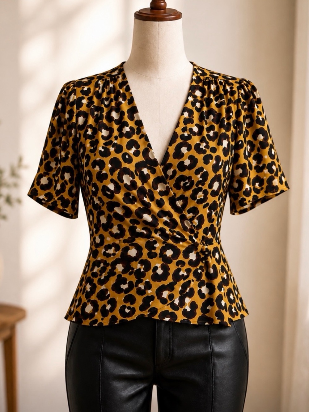 Who What Wear Leopard Print Wrap Blouse Short Sleeve Size S